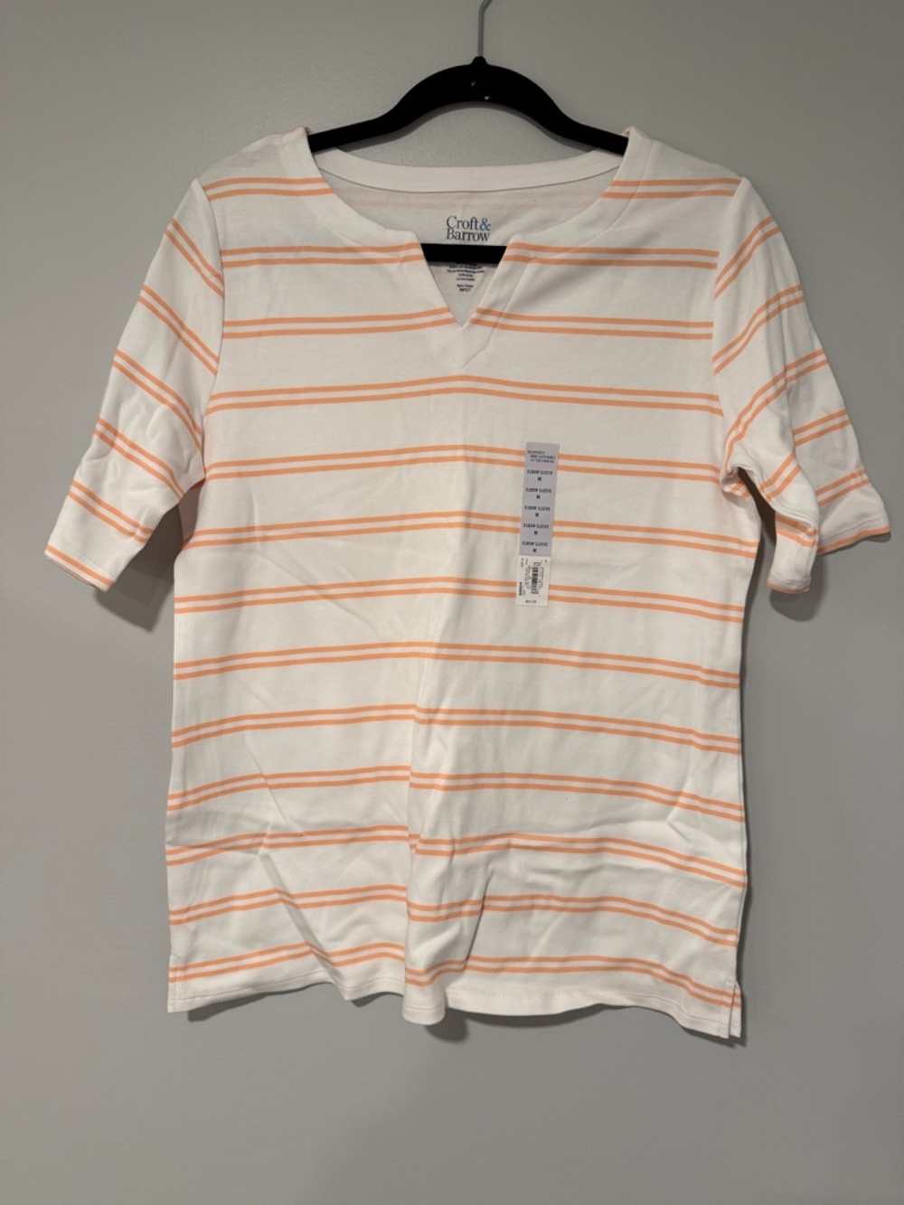 Croft & Barrow Elbow Sleeve Top White Yellow Stripes Medium Split Neck NWT New